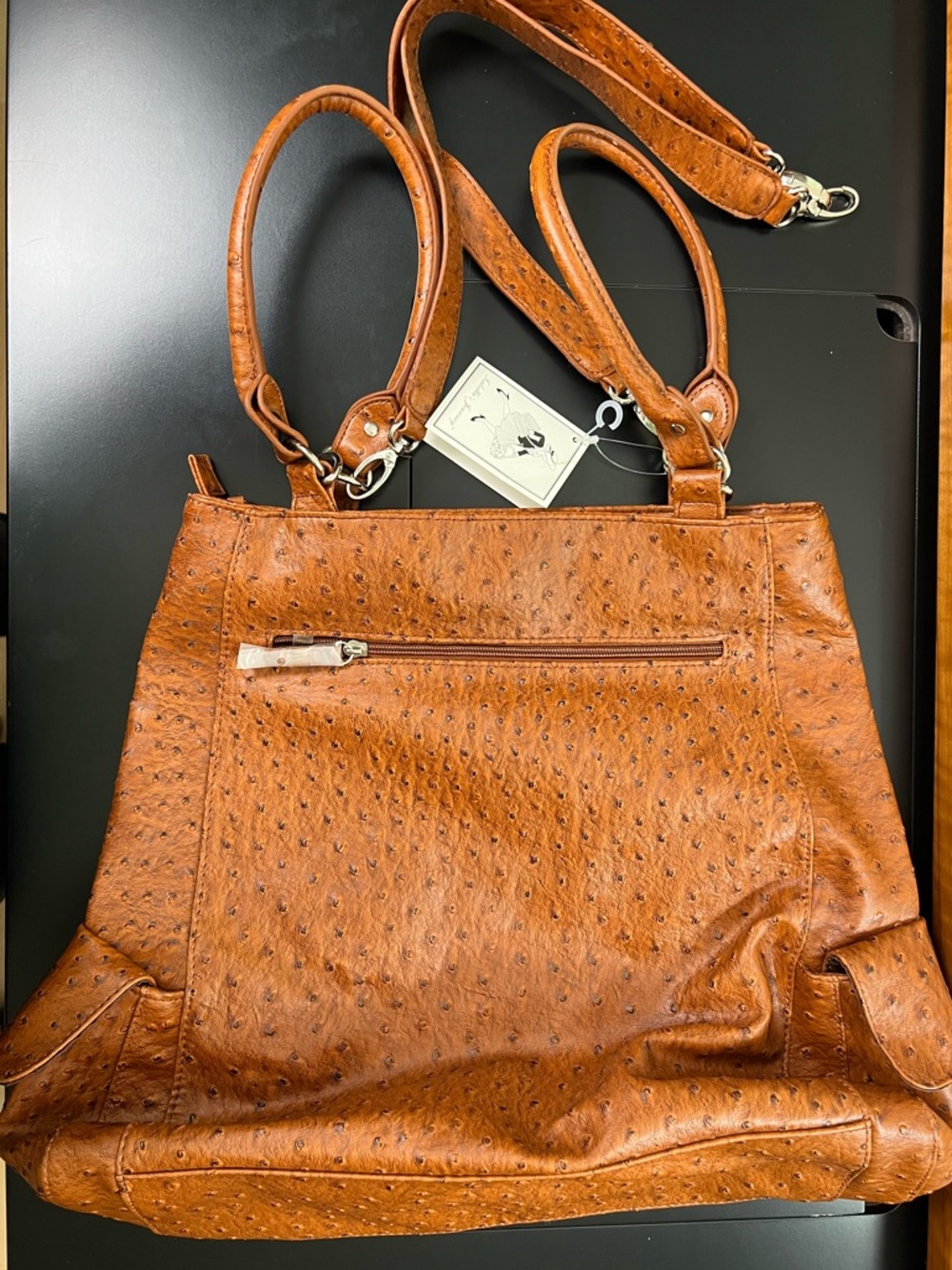 Isabella's Journey caramel brown tote bag‎ faux ostrich embossed leather